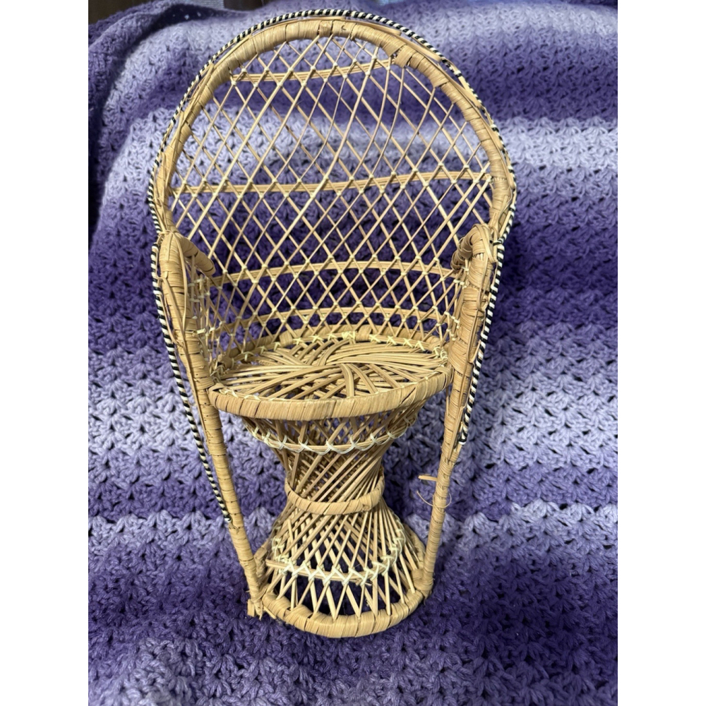 Vintage Wicker Peacock Chair Boho Plant Stand Doll Rattan 16”